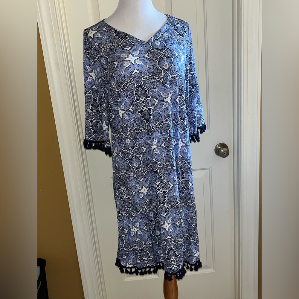 New Ellos Blue, Black and White Paisley Print Dress 3/4 Sleeves Tassles Sz L